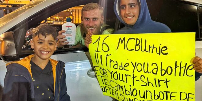 Hilarious moment Brit footballer is gifted a bottle of aftersun by young fans in Spain following his debut with Las Palmas
