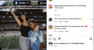 Kim Kardashian and her son Saint at the Real Madrid stadium