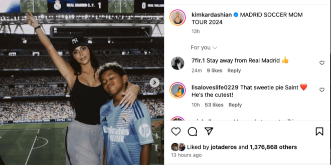 Kim Kardashian and her son Saint at the Real Madrid stadium