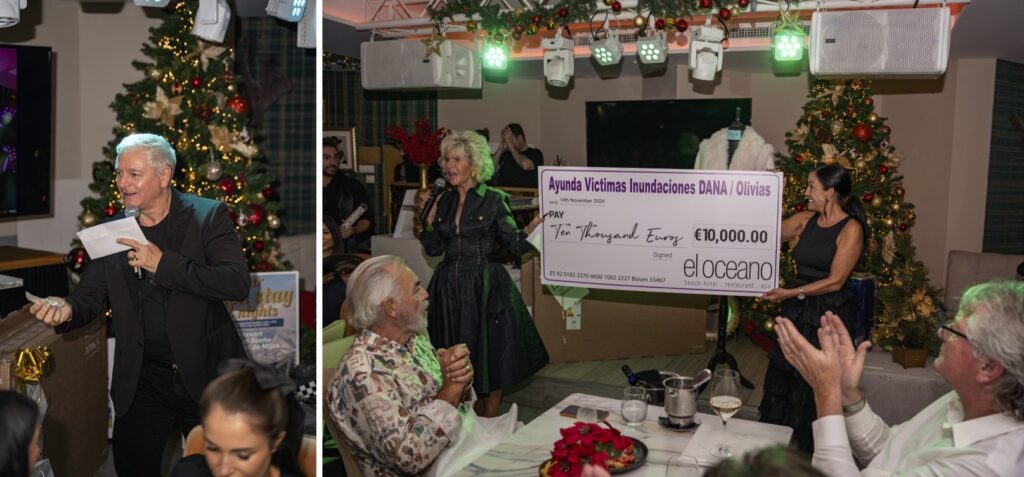 Steven Euesden announcing the raffle prizes, and Michel Euesden presents a cheque for €10,000 from El Oceano.