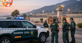 Guardia Civil officers and patrol vehicle outside Alhaurín de la Torre prison in Málaga.