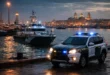 Guardia Civil vehicle and patrol boat in Cádiz harbour at dusk