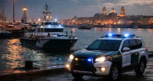 Guardia Civil vehicle and patrol boat in Cádiz harbour at dusk
