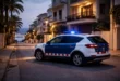 Mossos patrol car on a quiet Catalan coastal street at dusk