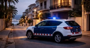Mossos patrol car on a quiet Catalan coastal street at dusk