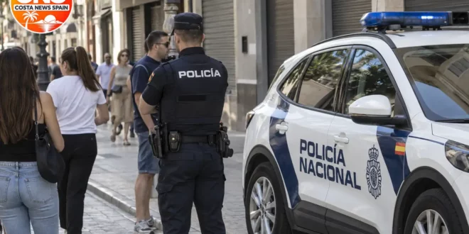 Police vehicle outside shuttered shops in Malaga street