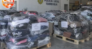 Seized counterfeit goods stacked in a Torrevieja depot